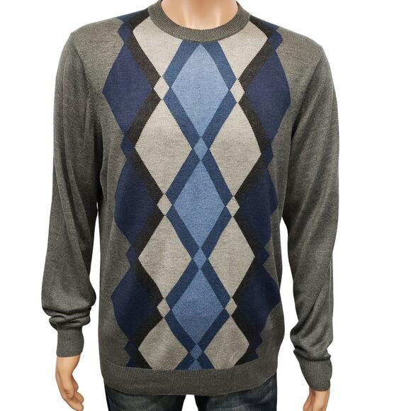 TRICOTS ST RAPHAEL Argyle Diamond Sweater Men M Lightweight Knit Navy Blue Gray - Picture 1 of 12